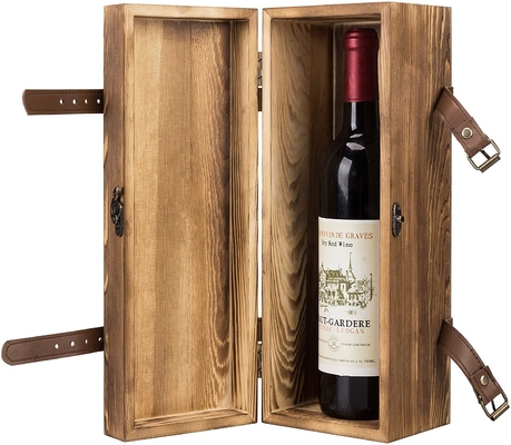 Vintage Brown Wood Pojedyncza butelka Prezent Drewniane pudełko na wino z skórzanymi paskami