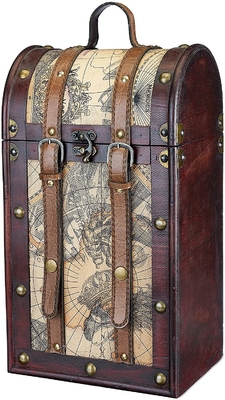 2 butelki Faux Leather Antyczny projekt mapy Drewniane pudełko na wino z pokrywką i uchwytem